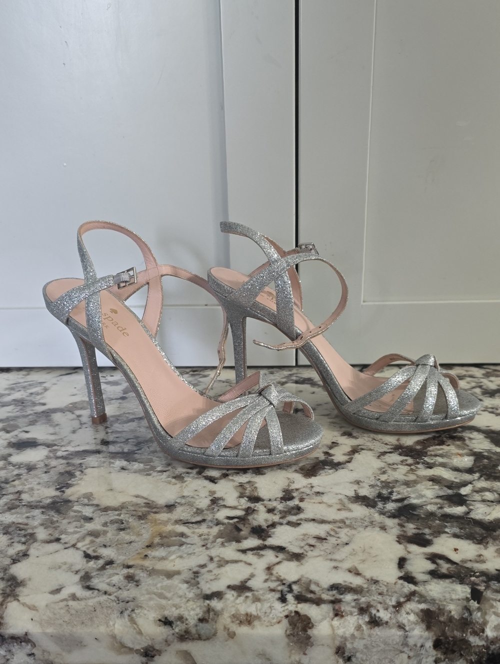 Kate Spade Size 5M Silver Glitter Strappy High Heel Sandals - Women